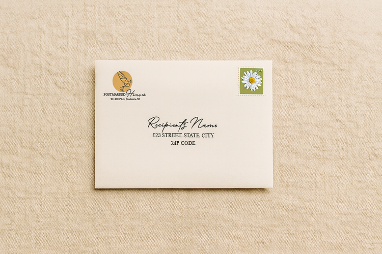 hristian letter subscription envelope from Postmarked Heaven displayed on a linen background