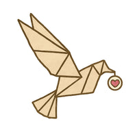Origami-style dove illustration carrying a small heart charm on a white background