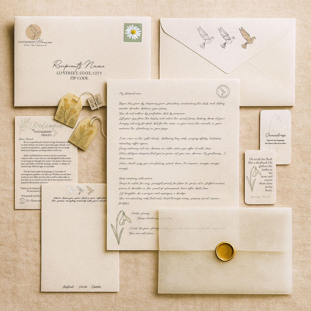 Flat lay of the Postmarked Heaven Christian monthly letter subscription showing envelope, wax seal, scripture card, reflection card, and devotional letter