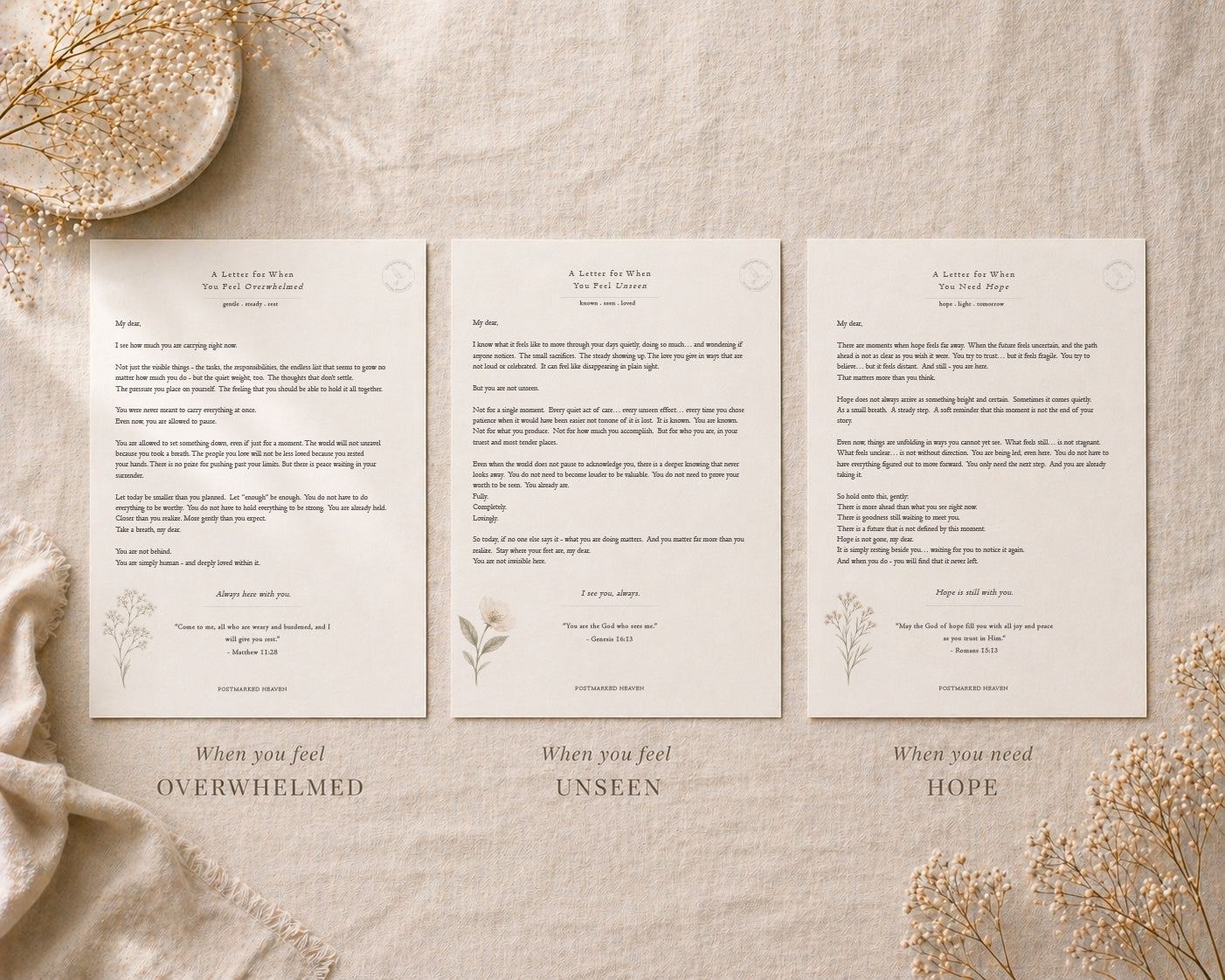 Three printed pages with text and minimalistic designs on a beige background with dried flowers.