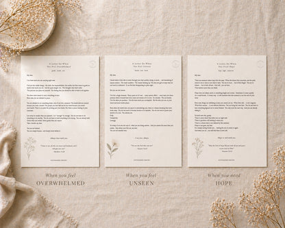 Three printed pages with text and minimalistic designs on a beige background with dried flowers.
