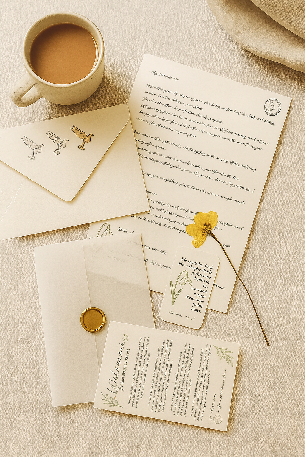 Christian letter subscription flat lay with open devotional letter, vellum envelope, scripture cards, dried flower, and coffee on a linen table.