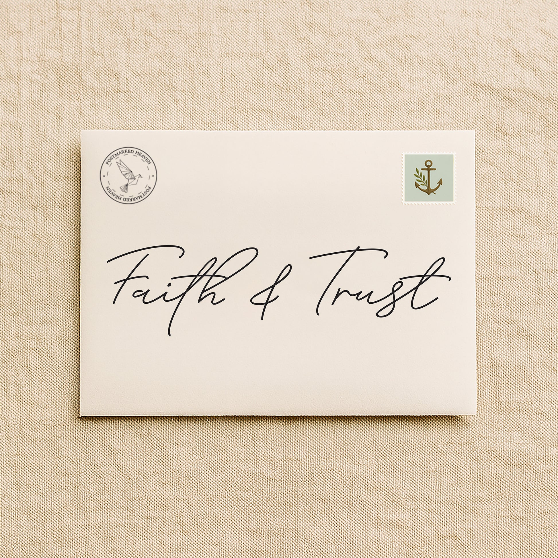 Christian faith-building letter subscription packaging with cream envelope on linen background