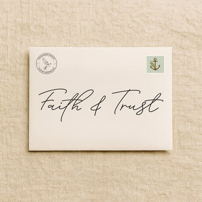 Christian faith-building letter subscription packaging with cream envelope on linen background