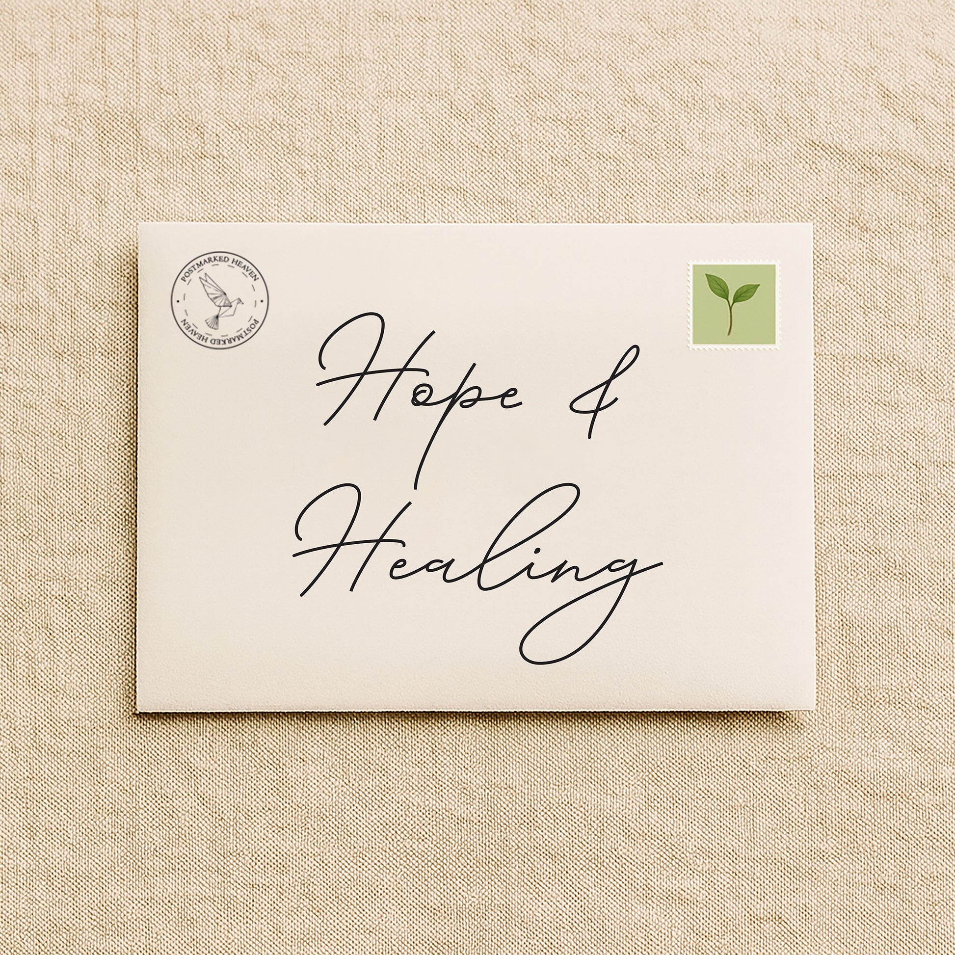 Christian hope and healing letter subscription packaging with cream envelope on linen background