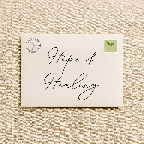 Christian hope and healing letter subscription packaging with cream envelope on linen background