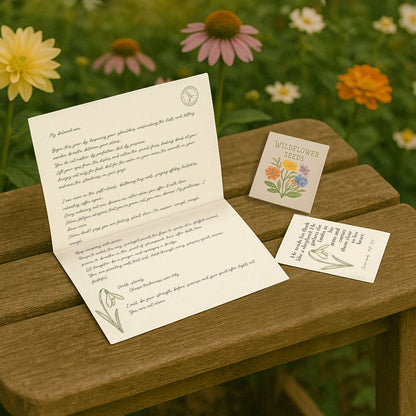 Hope-filled Christian encouragement letter, scripture card, and seed packet from Postmarked Heaven