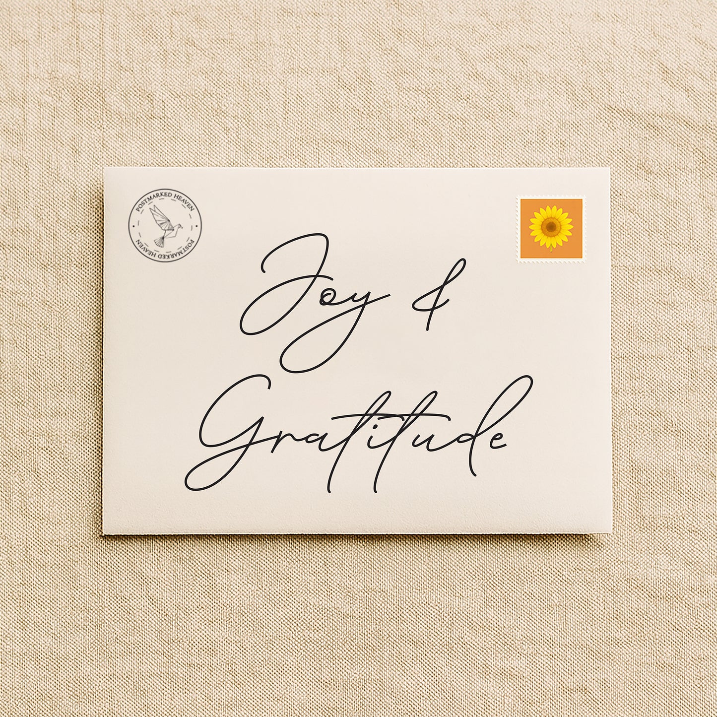 Christian gratitude letter subscription packaging with cream envelope on linen background