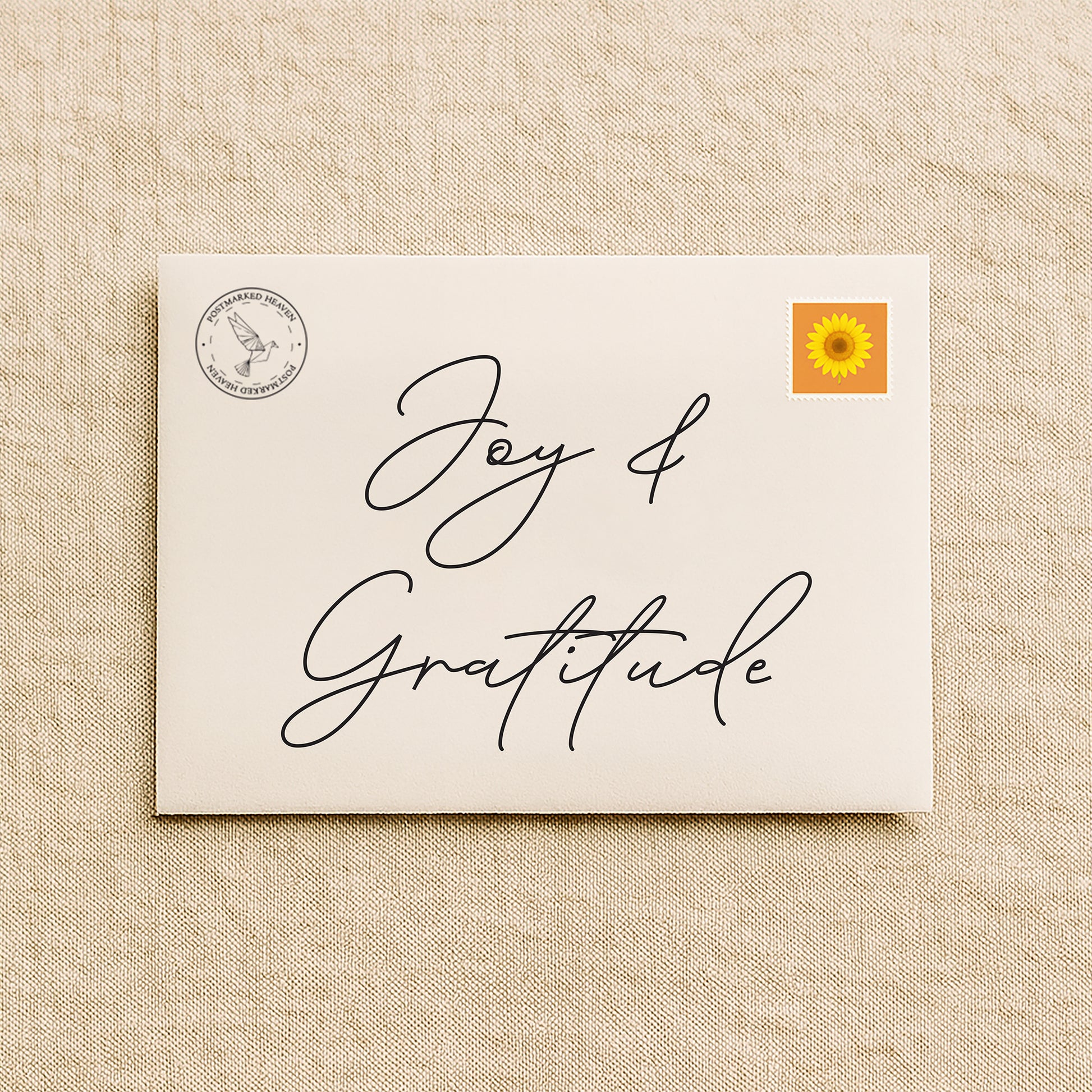 Christian gratitude letter subscription packaging with cream envelope on linen background