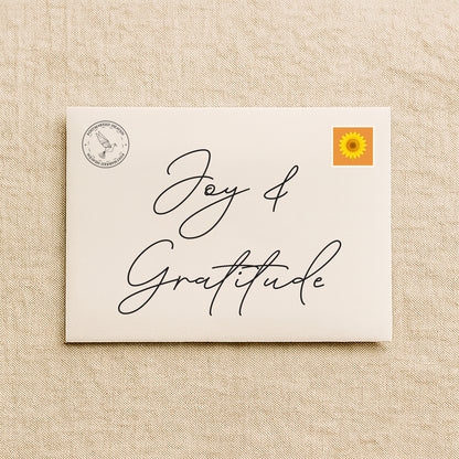 Christian gratitude letter subscription packaging with cream envelope on linen background